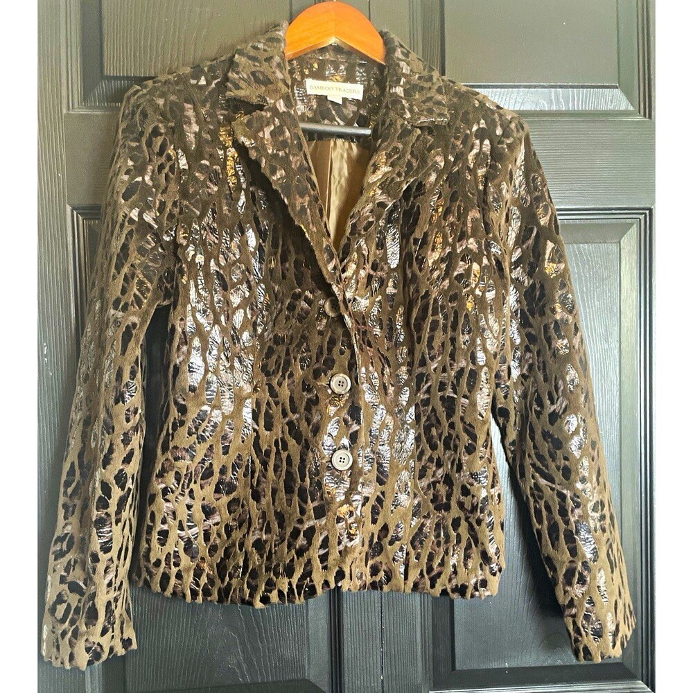 Vintage Bamboo Traders Y2K Leopard Burnout Velvet Blazer Mob Wife Jacket M